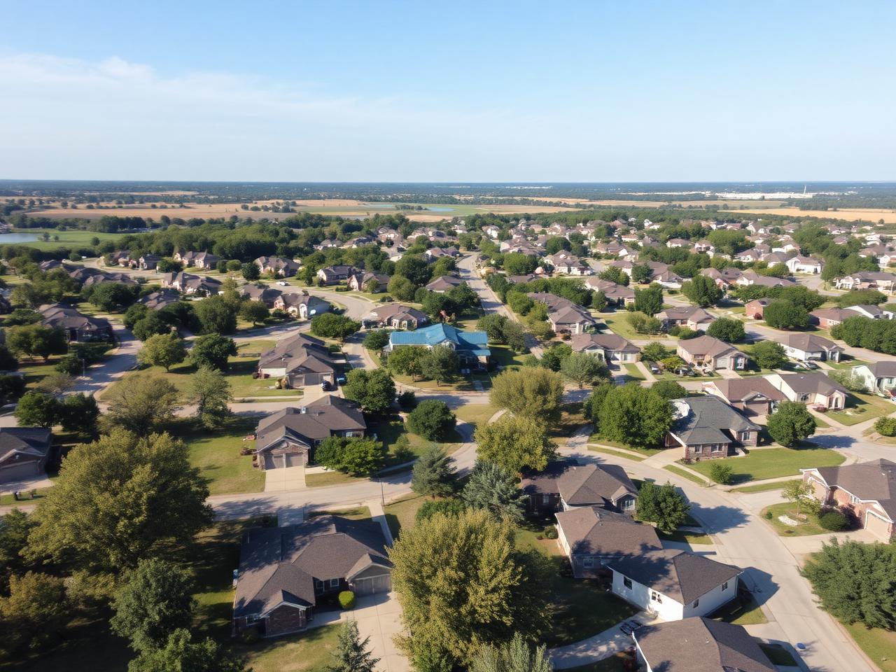 Aerial drone view of suburban Oklahoma neighborhood